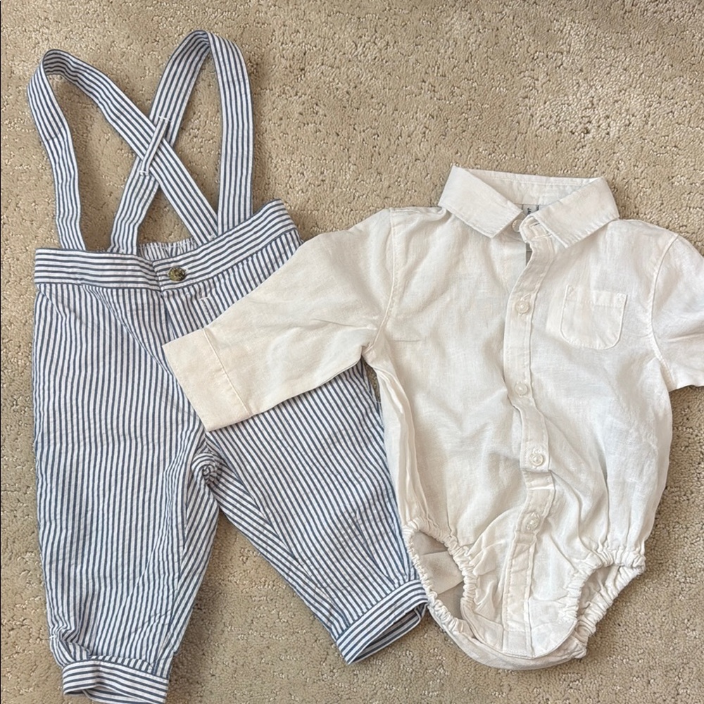Janie and Jack Cream Button Romper with Blue Striped Suspender Pants